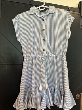 Aakaa Blue and White Striped Button-Front Dress with Tassel Tie Size Small